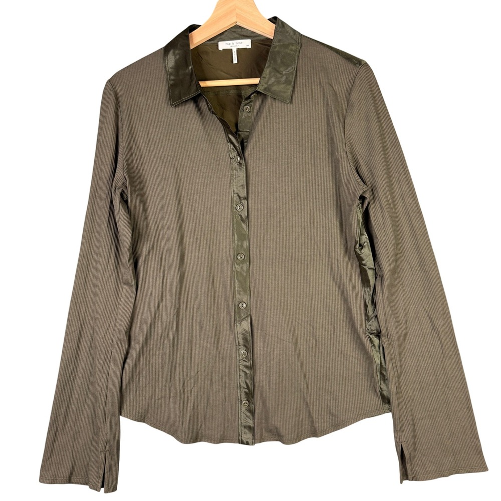 Rag & Bone Olive Green Ribbed Silk Combo Button Down Shirt Large